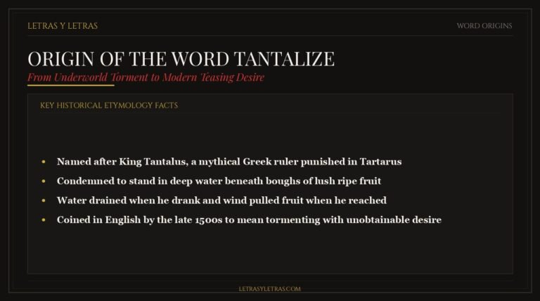 Infographic showing the Greek mythology origin of the word tantalize from King Tantalus in Tartarus and Homer Odyssey.