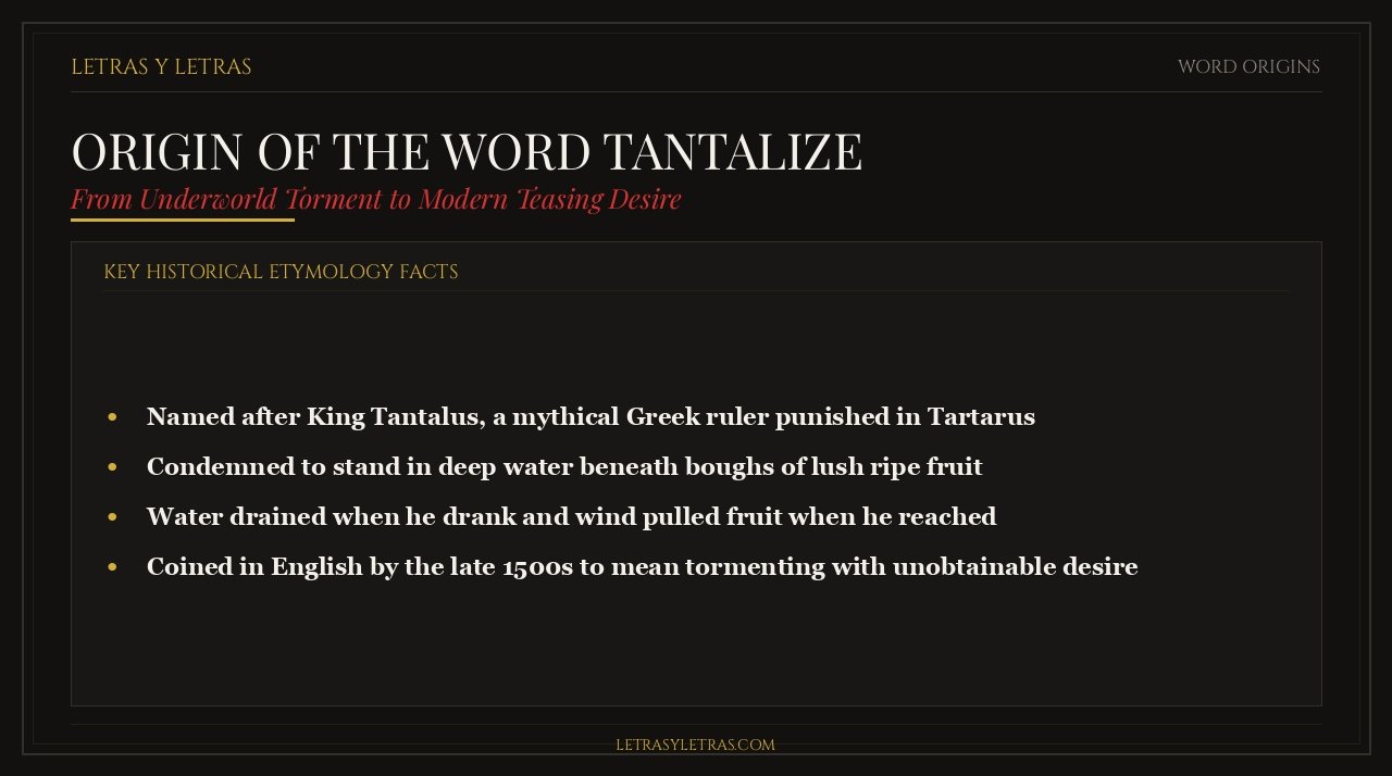 Infographic showing the Greek mythology origin of the word tantalize from King Tantalus in Tartarus and Homer Odyssey.