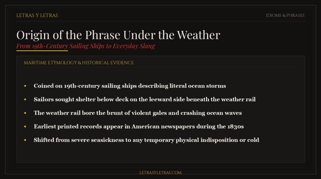 Nautical origin of the phrase under the weather from 19th-century tall ships and the windward weather rail