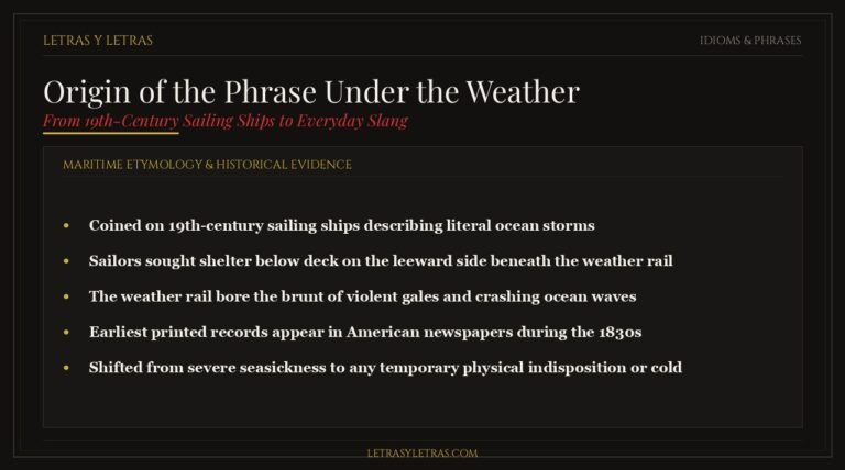 Infographic displaying the nautical origin of the phrase under the weather from 19th-century tall ships and the windward weather rail.