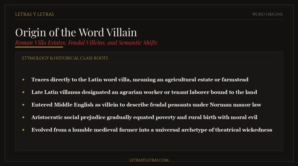 Origin of the word villain, Latin villa roots, feudal serfdom, and linguistic pejoration