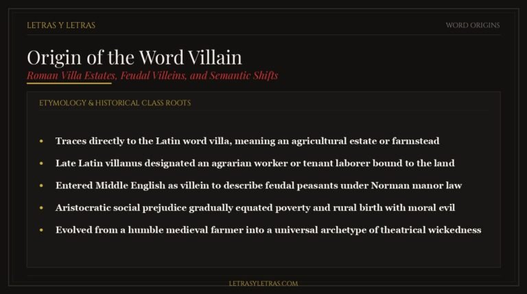 Editorial infographic explaining the origin of the word villain, Latin villa roots, feudal serfdom, and linguistic pejoration.