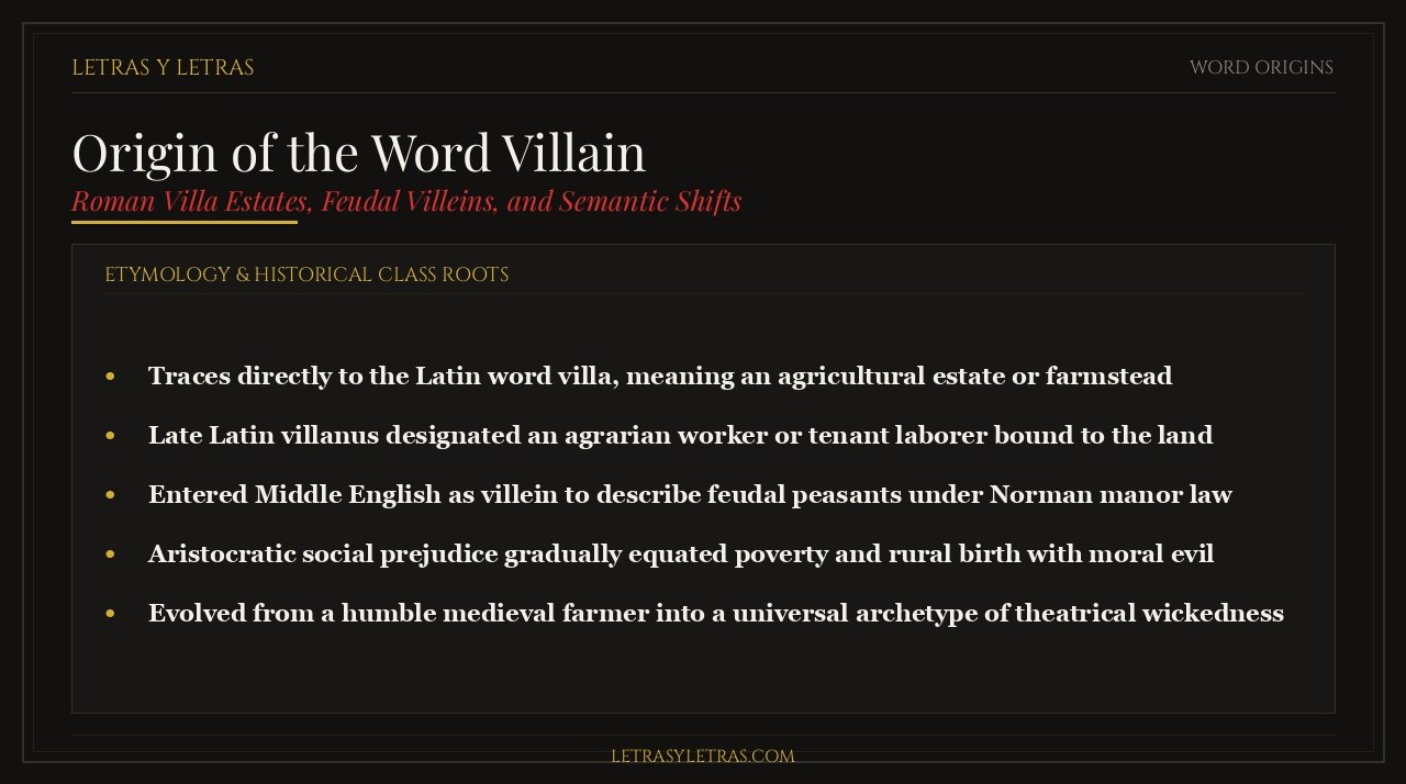 Editorial infographic explaining the origin of the word villain, Latin villa roots, feudal serfdom, and linguistic pejoration.